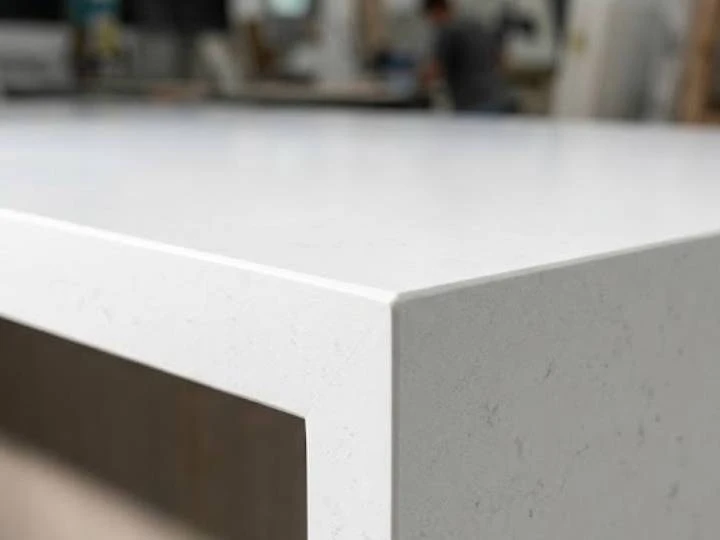 Detail of seamless mitered edge quartz joint for custom countertops Detail of seamless mitered edge quartz joint for custom countertops